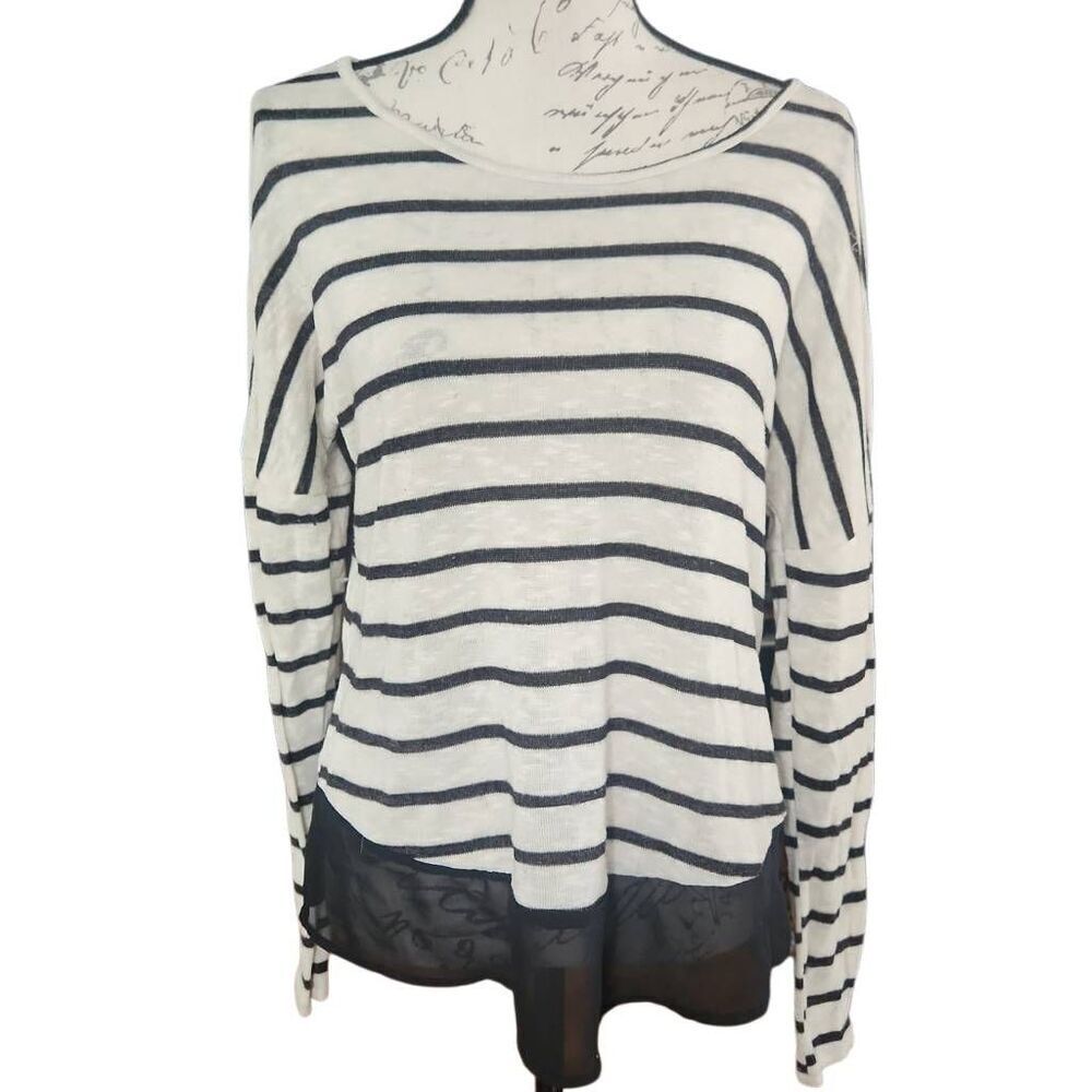 American Rag Women's Size Large Black White Striped Back Sheer Panel Top